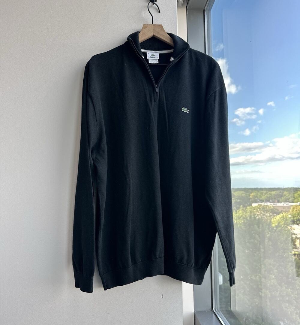 Lacoste Black Tight-Knit Mock Neck 1/4 Zip Cotton Pullover Sweater Size 8